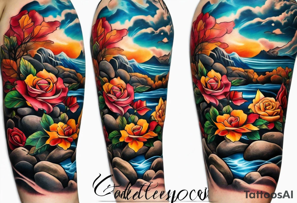 sleeve tattoo in fall colors, showing water flow around rocks, sky, clouds, leaves, roses and no trees tattoo idea