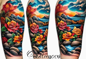 sleeve tattoo in fall colors, showing water flow around rocks, sky, clouds, leaves, roses and no trees tattoo idea