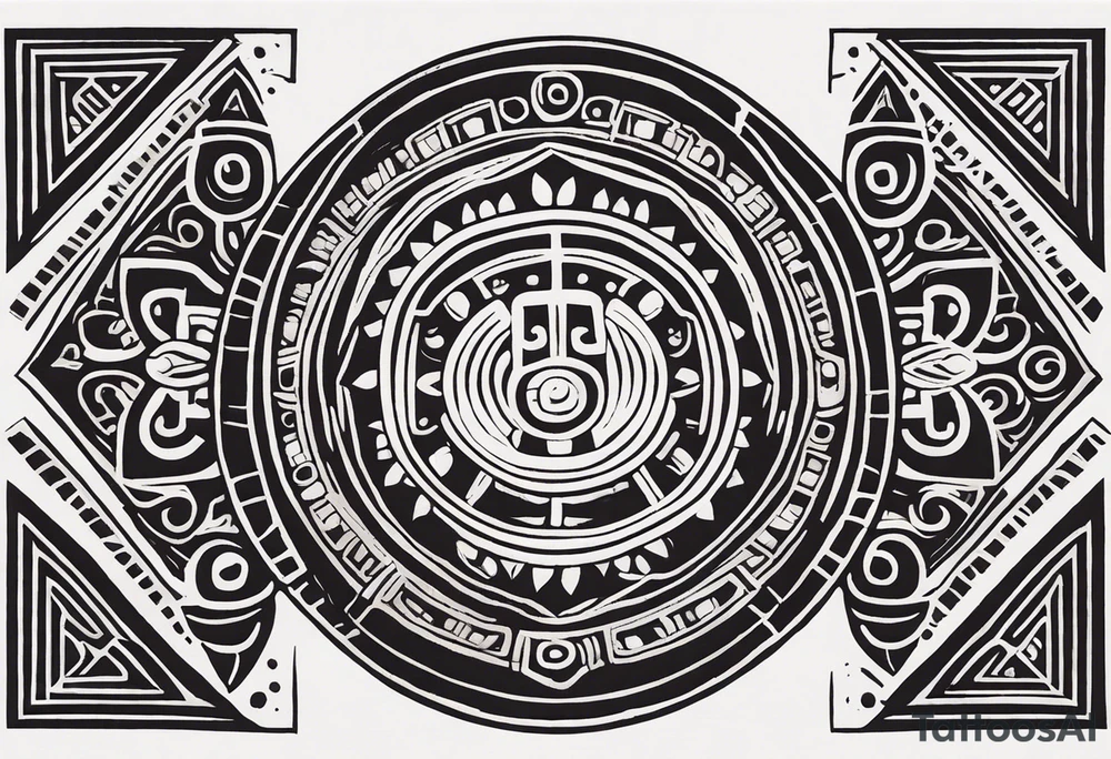 Create a masculine mayan tattoo design carved in stone featuring three flower buds of Gypsophila spp. The design should incorporate sharp, geometric patterns inspired by ancient Mayan glyphs and carvings, emphasizing strength and symmetry. The flower buds should be stylized with angular, bold lines, set within intricate, sacred Mayan motifs. The overall design should evoke harmony and balance, symbolizing the calming frequency of 432 Hz through symmetrical and flowing element tattoo idea