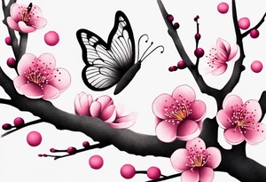 Minimalist Vibrant, pink plum blossom branches with butterflies tattoo idea