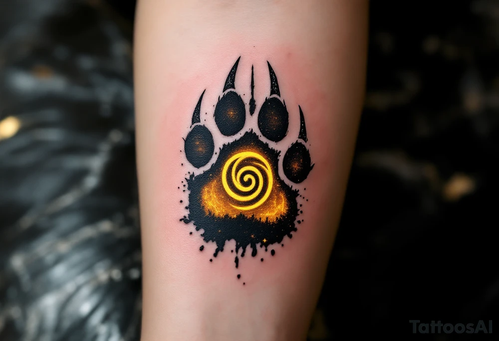 Veles' Paw — A realistic bear paw print with three sharp claws, overlaid on dark earthy soil, with Veles’ spiral rune glowing in golden-yellow within the central pad. tattoo idea