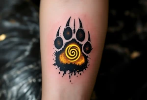 Veles' Paw — A realistic bear paw print with three sharp claws, overlaid on dark earthy soil, with Veles’ spiral rune glowing in golden-yellow within the central pad. tattoo idea