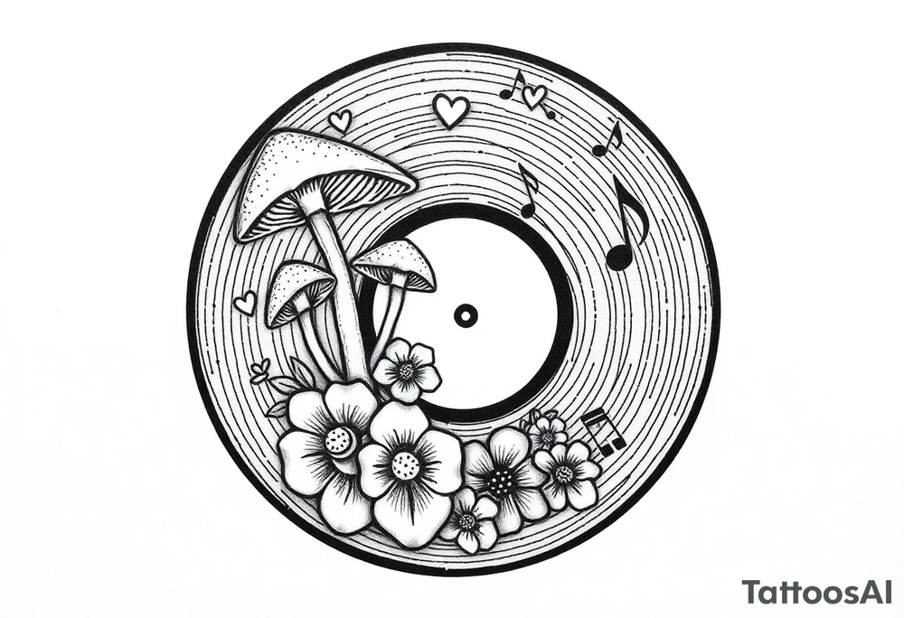 vinyl record with mushrooms, flowers, hearts, and music notes tattoo idea
