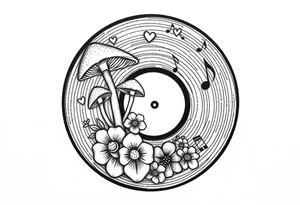 vinyl record with mushrooms, flowers, hearts, and music notes tattoo idea