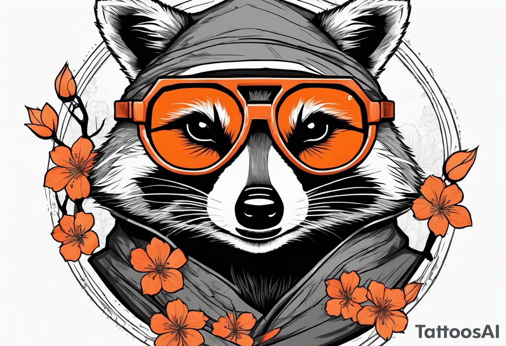 raccoon wearing a Superman hoodie with orange Japanese cherry blossoms tattoo idea