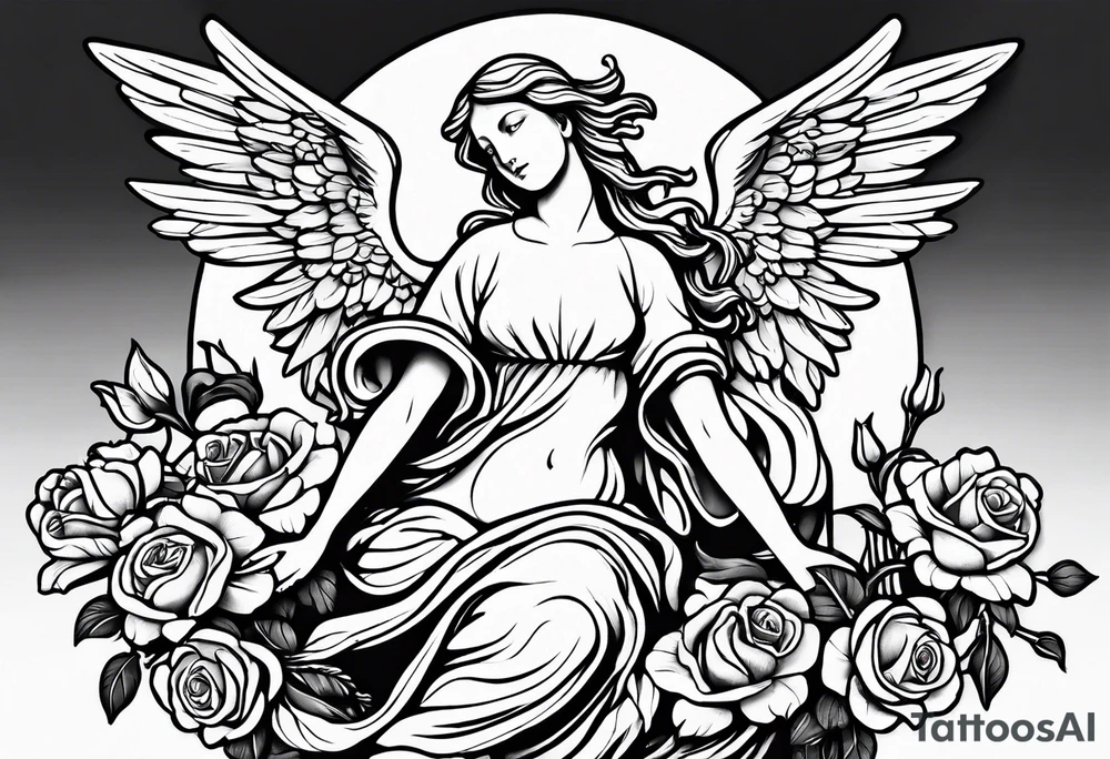 Simple Angel statue stood on a rock with daffodils and roses wrapped around its legs tattoo idea