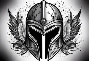 Create a faceless Spartan warrior helmet image. Behind the whole helmet is a simple weight. Below the helmet is a flying owl holding an old wine goblet and an hourglass with sand falling from it. tattoo idea