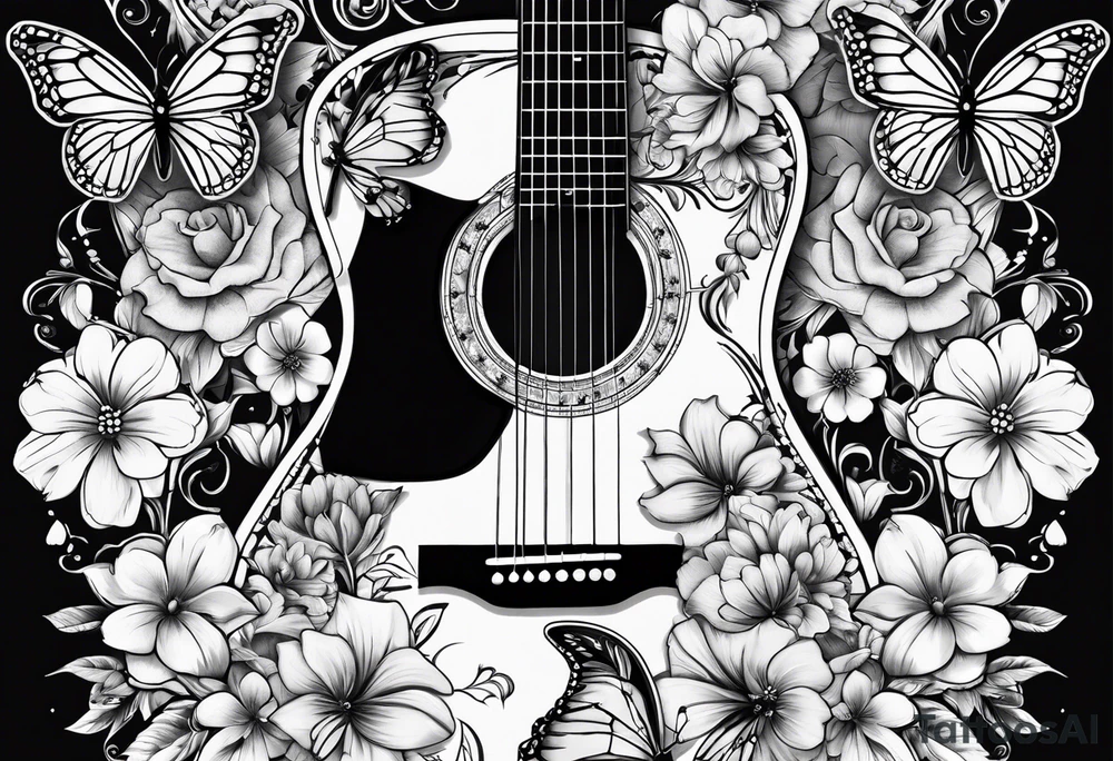 Guitar with flowers growing off the side, butterflies, small tattoo idea