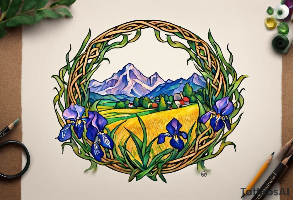 Create a small, colorful Vincent van Gogh Irises tattoo in the form of a crescent, with vines in Celtic knot style gracefully intertwining at a central point in the middle of the wreath. The intended placement is on the upper chest. The middle needs mountains. The overall design should be small in size while maintaining a delicate and artistic aesthetic. Pay attention to the graceful flow of the vines and the placement of the irises to achieve a refined and elegant look. tattoo idea