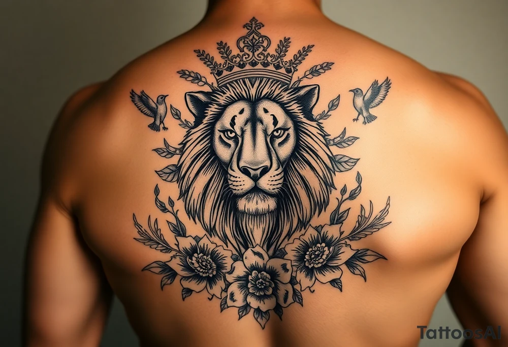 powerful majestic lion with a crown, surrounded by floral ornaments and birds tattoo idea