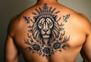 powerful majestic lion with a crown, surrounded by floral ornaments and birds tattoo idea