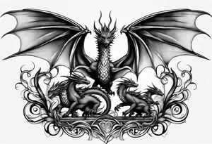 Mother dragon wings spread standing over her three young dragon babies tattoo idea