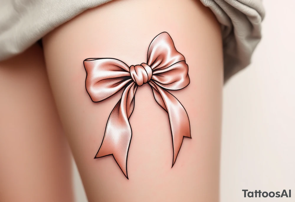 An elegant satin bow tattoo, tied in a perfect knot with gracefully flowing tails, symbolizing unity and everlasting love. The bow is rendered in a soft blush pink with gentle highlights, creating a realistic silk-like sheen. Subtle shadows add depth, making the fabric appear delicately folded. The knot at the center is slightly darker, emphasizing its structure and strength. tattoo idea