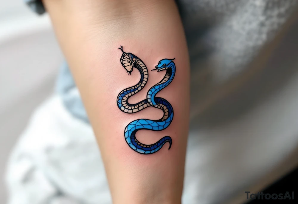 A minimalist twin snake design, one outlined in black and the other in electric blue, intertwined in a spiral and With word "Gemini" tattoo idea