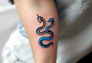 A minimalist twin snake design, one outlined in black and the other in electric blue, intertwined in a spiral and With word "Gemini" tattoo idea