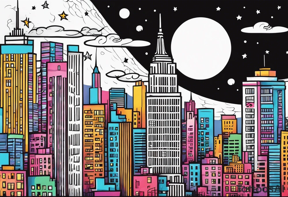 La ciudad de Nueva York con el Chrisler building y la luna como sfondo tattoo idea