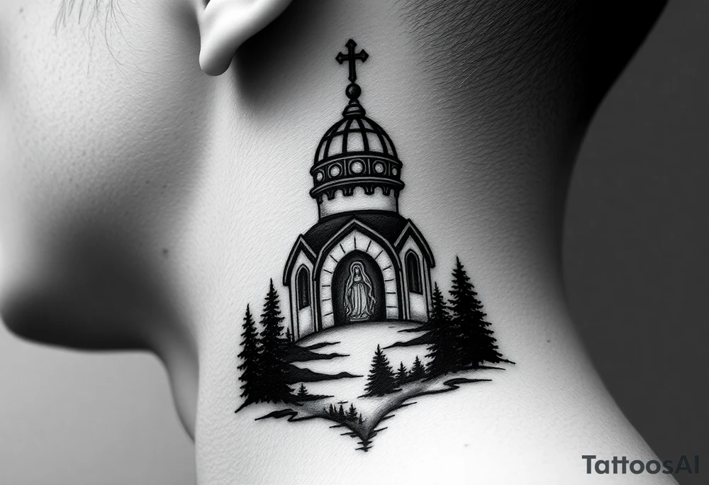 medium sized russian orthodox dome church with a visible virgin mary with a lake and pine trees tattoo idea