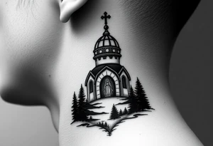 medium sized russian orthodox dome church with a visible virgin mary with a lake and pine trees tattoo idea