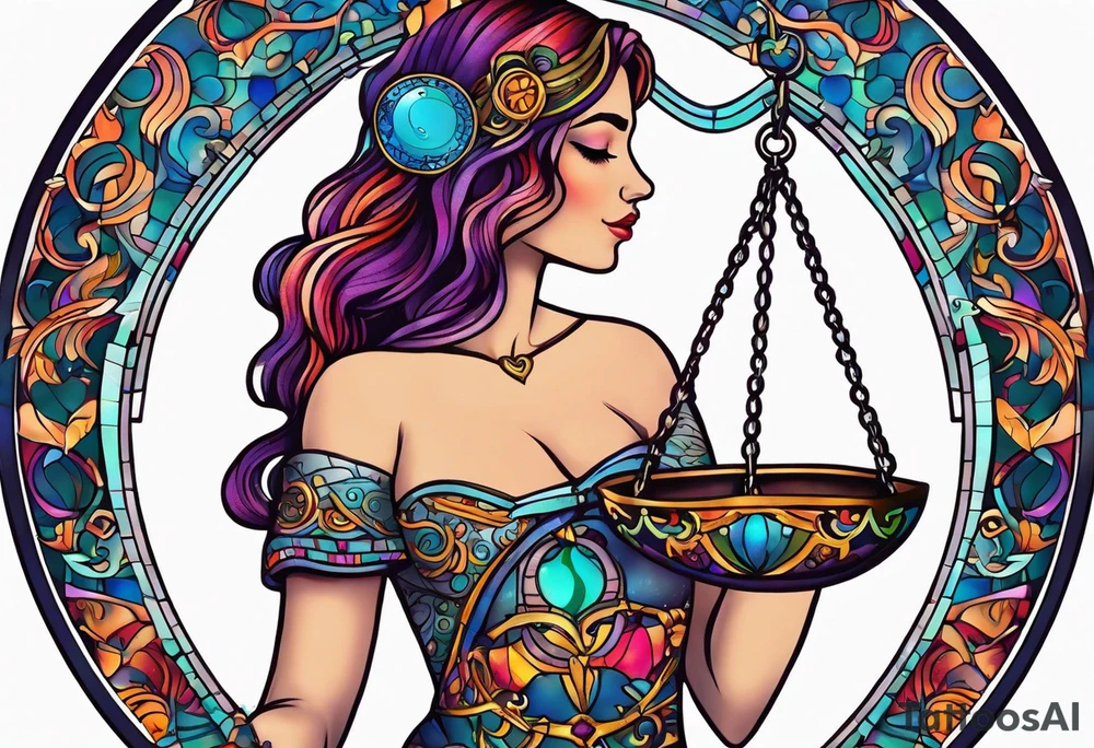 Libra woman holding scales with a night zodiac background including a half moon that encircles half of the woman with vibrant colors tattoo idea