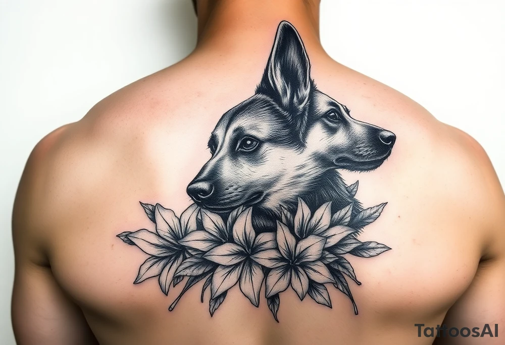 short haired german shepherd floral lilies tattoo idea