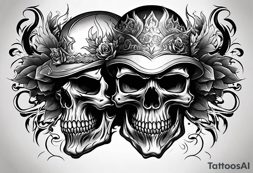Shaded angry skull wirh fire elements tattoo idea