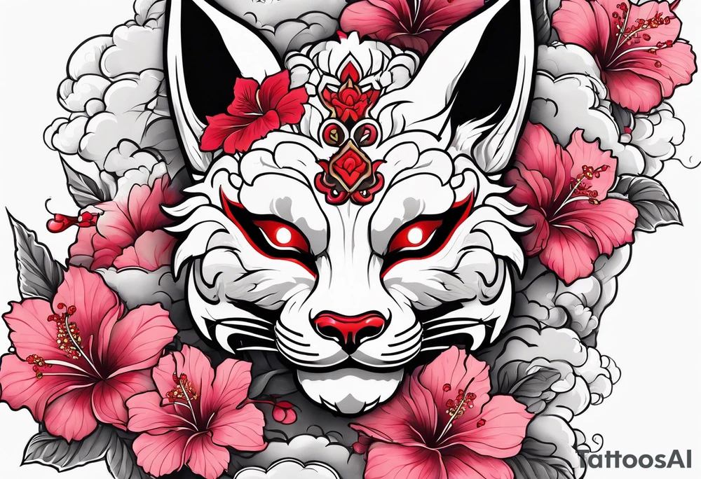 White half broken kitsune oni mask with red accents and pink hibiscus flowers tattoo idea