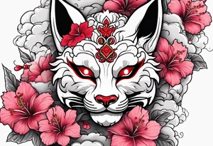 White half broken kitsune oni mask with red accents and pink hibiscus flowers tattoo idea