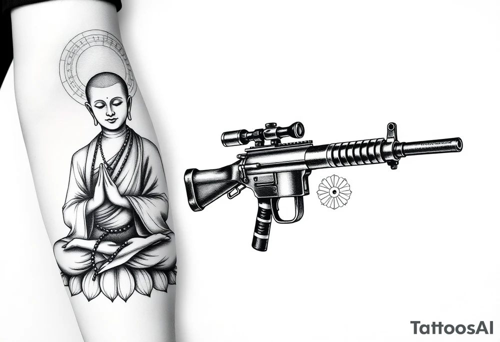 "Black ink tattoo fusing war and enlightenment:  
1. LEFT SIDE: Hyper-detailed Buddhist monk in lotus pose (dotwork shading)  
2. RIGHT SIDE: Maxim M1910 machine gun (geometric outline)  
3. TRANSITION ZONE:  
   - Monk's robes dissolve into bullet belts  
   - Prayer beads become ammunition links  
   - Third eye aligns with gun sights  

Key details:  
- Mirror embedded in gun's scope (reflects wearer's eye)  
- Micro-text along barrel: *"Пустота стреляет"* (0.3mm font)  
- Mandala-shaped muzzle flash  

Style: Neo-tribal meets ukiyo-e. Size: 15cm forearm sleeve. No colors." tattoo idea