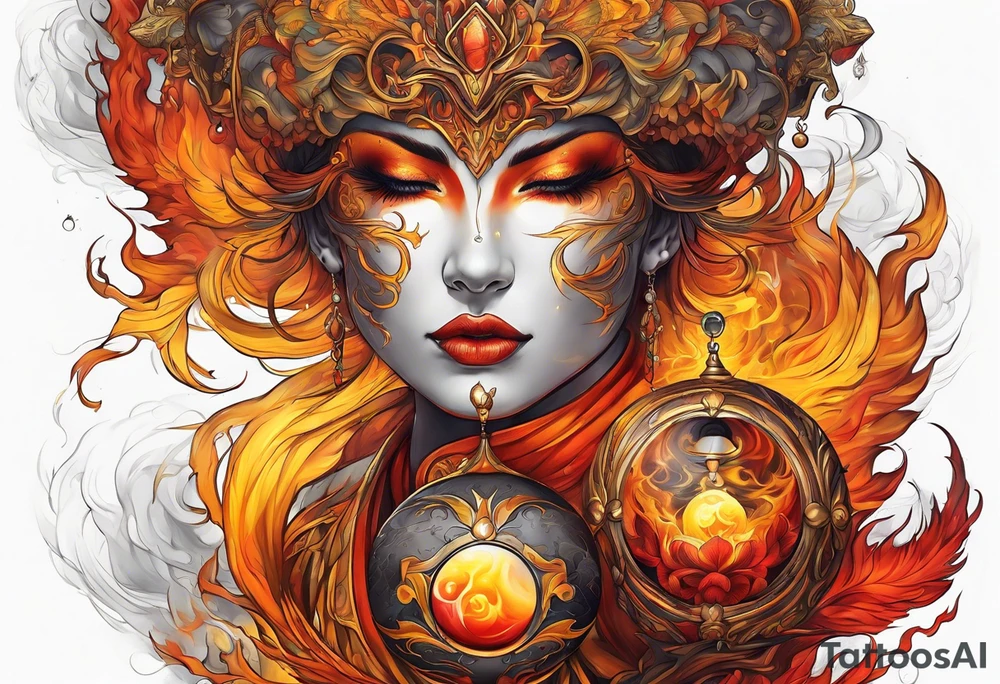 Mage orange yellow red inhaling smoke from sphere tattoo idea