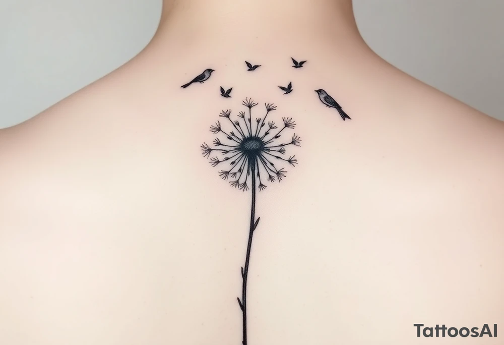 Dandelion tattoo representing motherhood, blowing in the wind giving myself to the next generation. Five birds for my children and two white birds for the children I lost. Whimsical and fine line. More artistic and soft. tattoo idea
