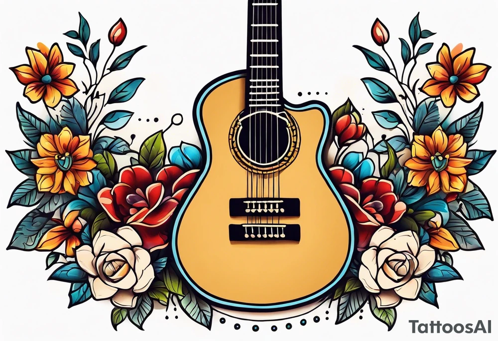 traditional vintage tattoo of guitar simple  flowers and banner tattoo idea