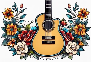 traditional vintage tattoo of guitar simple  flowers and banner tattoo idea