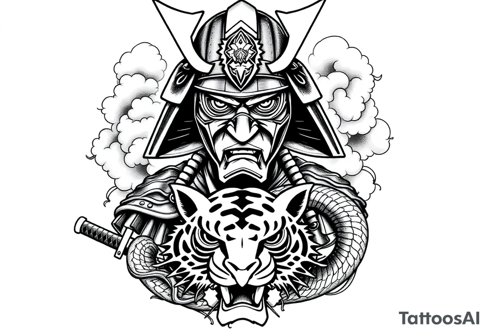 samurai warrior wearing a helmet and a mask. Some clouds around, with a tiger’s head beneath, and a samurai sword. This should be a good tattoo for forearm. Add a dragon going around them tattoo idea