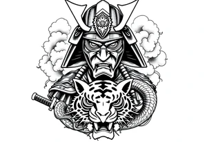 samurai warrior wearing a helmet and a mask. Some clouds around, with a tiger’s head beneath, and a samurai sword. This should be a good tattoo for forearm. Add a dragon going around them tattoo idea