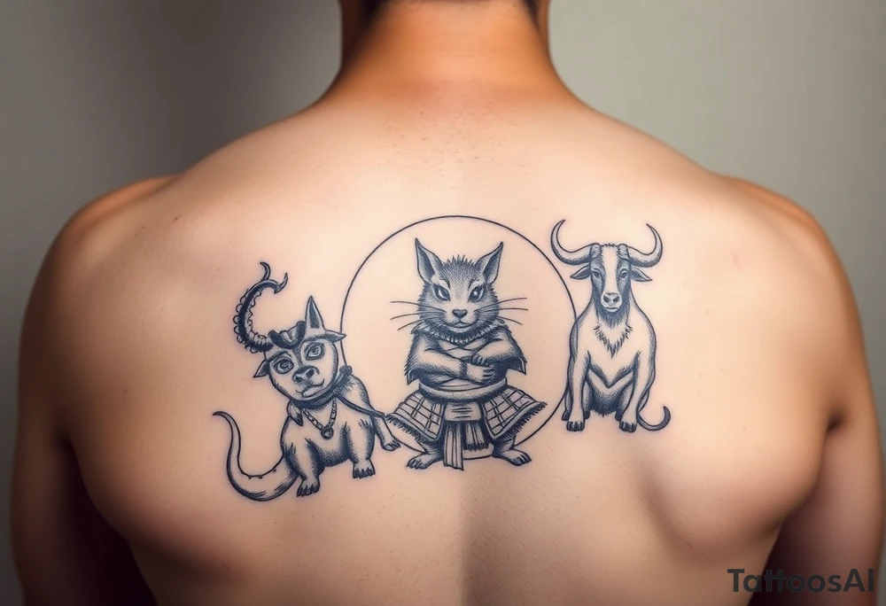 Japanese style tattoo consisting zodiac animals: rat(in the middle) with dog, goat, and ox surrounding the rat dressed up Samurai warrior style in a circular formation on the left of back tattoo idea