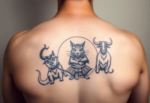 Japanese style tattoo consisting zodiac animals: rat(in the middle) with dog, goat, and ox surrounding the rat dressed up Samurai warrior style in a circular formation on the left of back tattoo idea