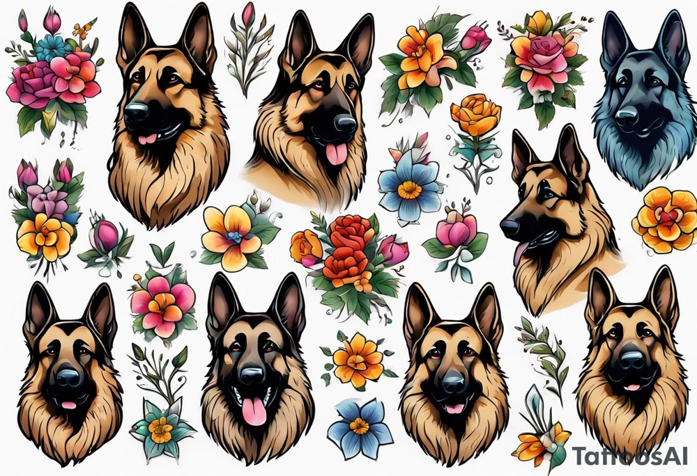 Sable haired German shepherd portrait brightly colored with flowers tattoo idea