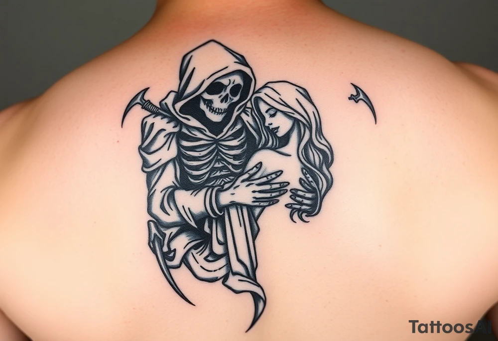 Grim reaper protecting woman tattoo idea