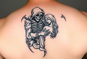 Grim reaper protecting woman tattoo idea