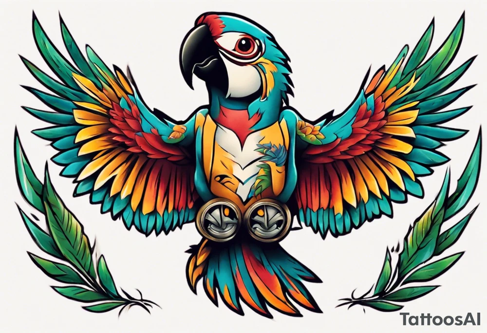 a chest tattoo of a traditionally colored parrot tattoo idea