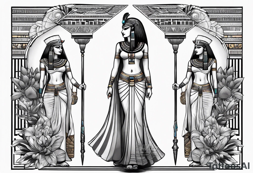 Powerful majestic full body from head to toe tattoo design of ancient Egyptian goddess sehkmet tattoo idea