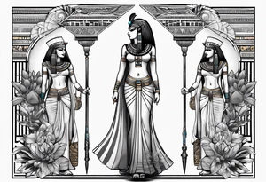 Powerful majestic full body from head to toe tattoo design of ancient Egyptian goddess sehkmet tattoo idea