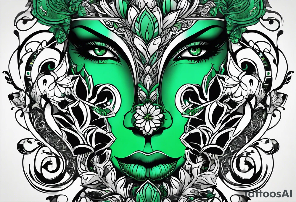 abstract, green and black, covered from wrist to forearm, fully covered, no borders, blackwork, no people tattoo idea