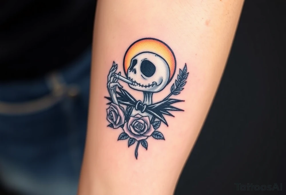 jack skellington smoking a blunt, with a halo over head, roses, jackolanters tattoo idea