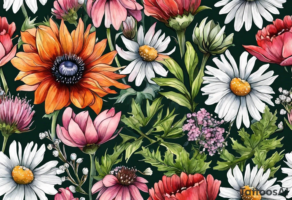 wildflowers with thistles, ferns, white anemones, sun flowers, orange flowers, green flowers, pink flowers, red flowers, babys breath and daisies all in watercolor tattoo idea