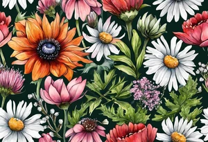 wildflowers with thistles, ferns, white anemones, sun flowers, orange flowers, green flowers, pink flowers, red flowers, babys breath and daisies all in watercolor tattoo idea