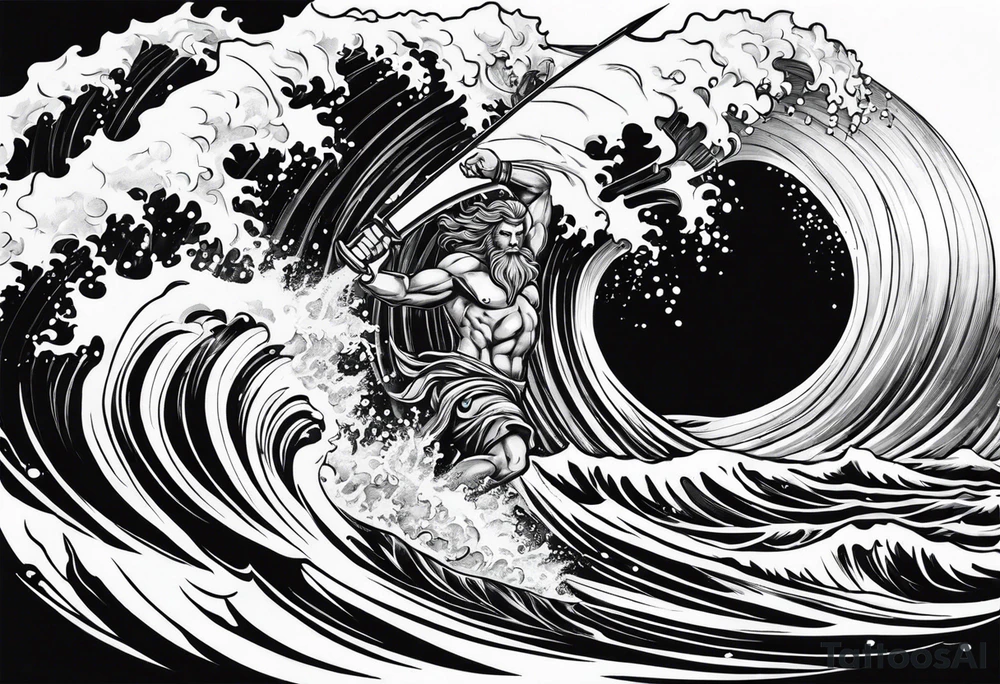 Poseidon steht in einer Welle im Meer tattoo idea