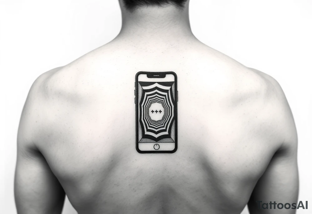"Recursive iPhone tattoo: screen shows another screen with [•] at the end. Black ink, optical illusion style, 6cm width." tattoo idea