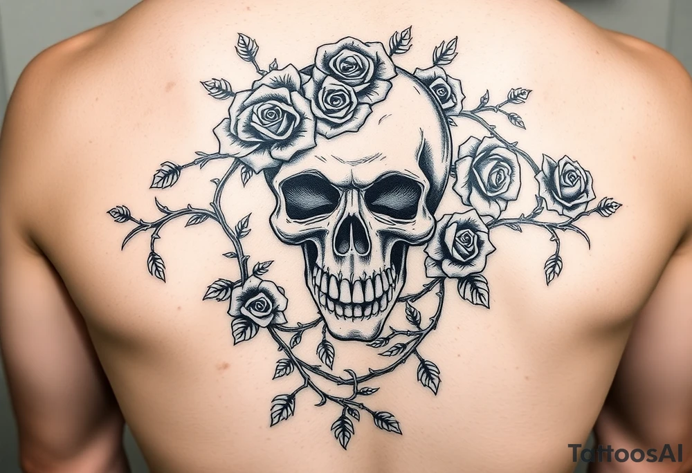 gothic skull intertwined with climbing roses and thorny vines tattoo idea