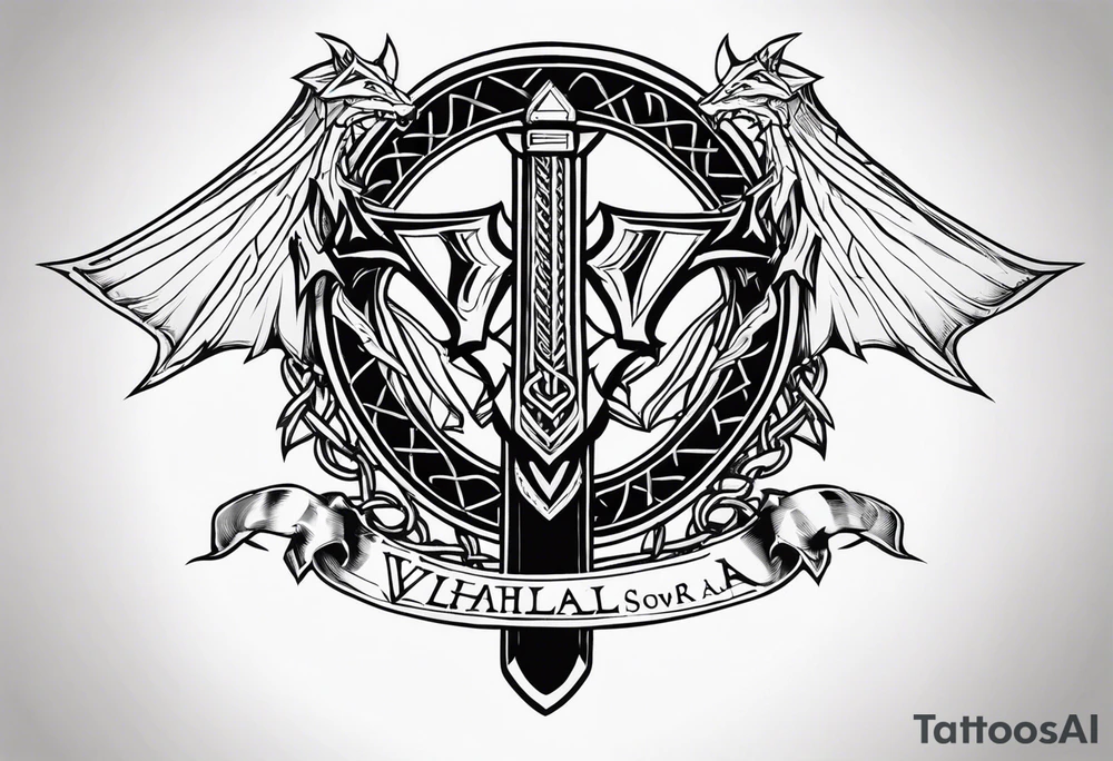 Valhalla sword shield dragon axe Valknut barbed wire chains tattoo idea Valhalla sword shield dragon axe Valknut barbed wire chains tattoo idea